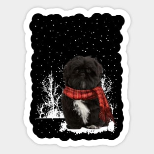 Christmas Black Shih Tzu With Scarf In Winter Forest Sticker